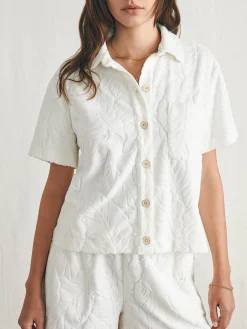 Shirts & Tops^Faherty Brand Cabana Towel Terry Short Sleeve Button Up - Tropic Fern Vintage White