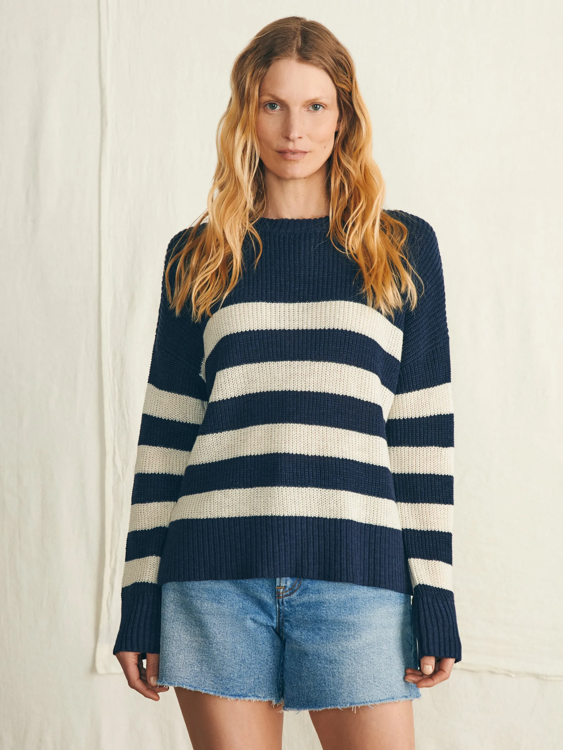 Sweaters^Faherty Brand Miramar Linen Crew Sweater - Kadena Navy Stripe