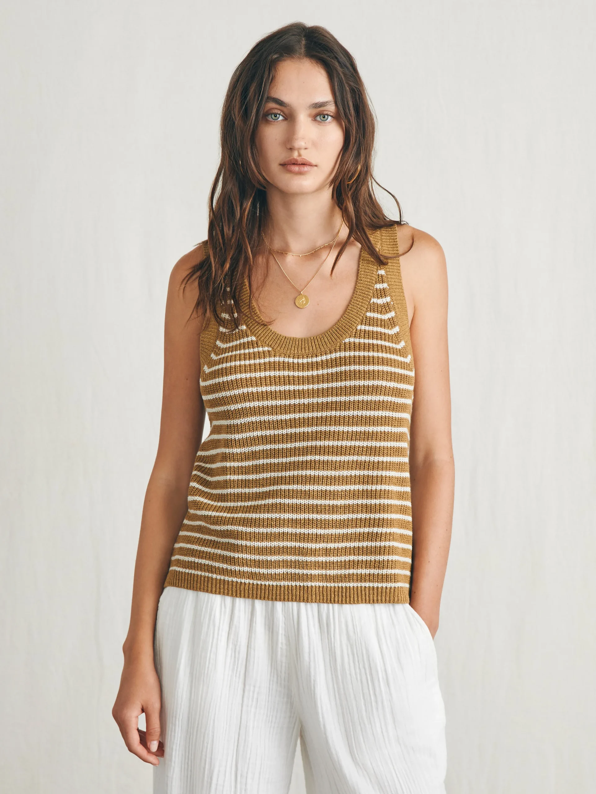 Sweaters^Faherty Brand Miramar Linen Scoop Neck Tank - Antique Bronze Hampton Stripe