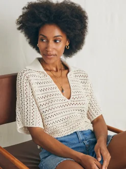 Sweaters^Faherty Brand Nusa Crochet Polo Sweater - Birch