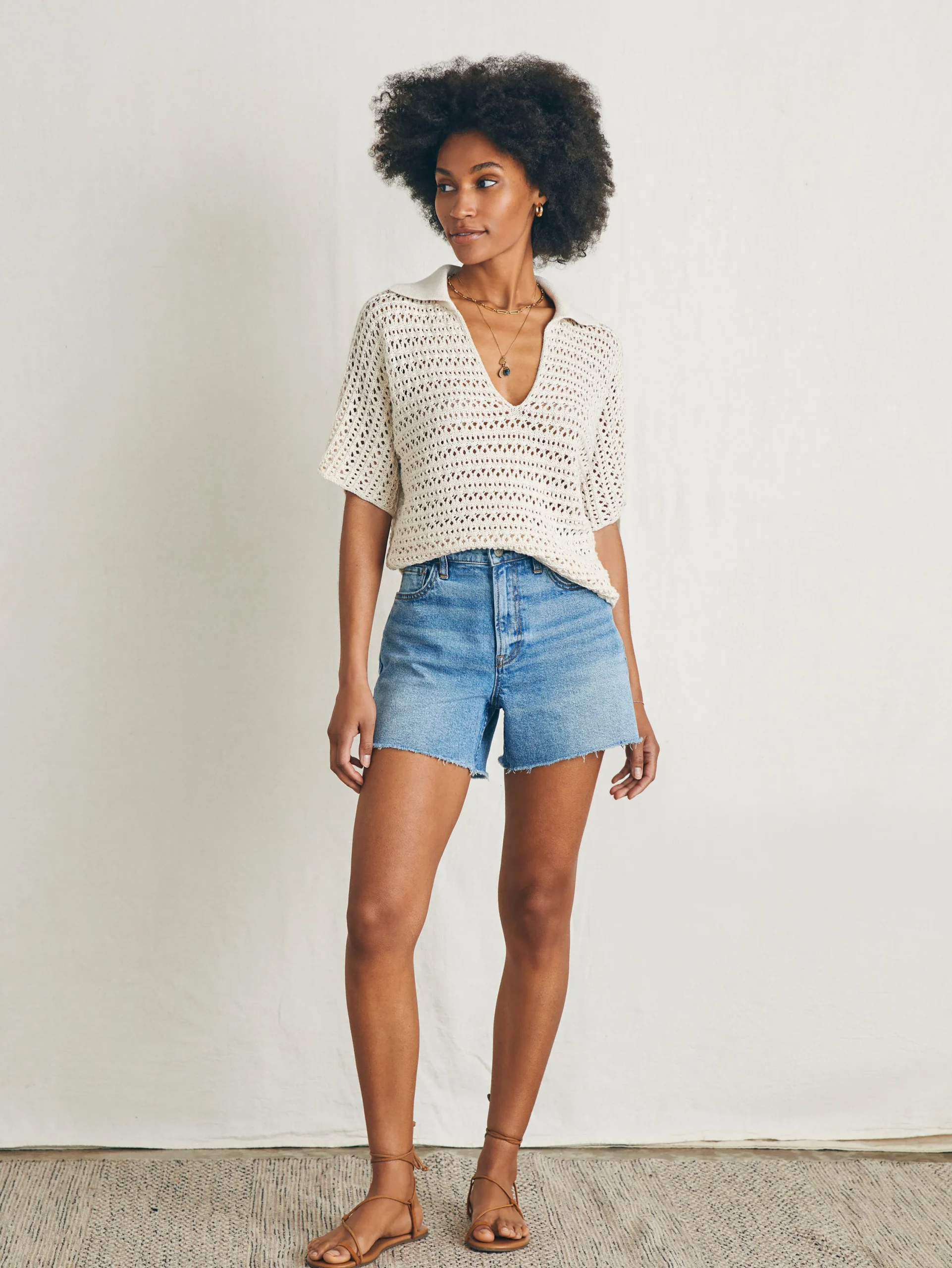 Sweaters^Faherty Brand Nusa Crochet Polo Sweater - Birch