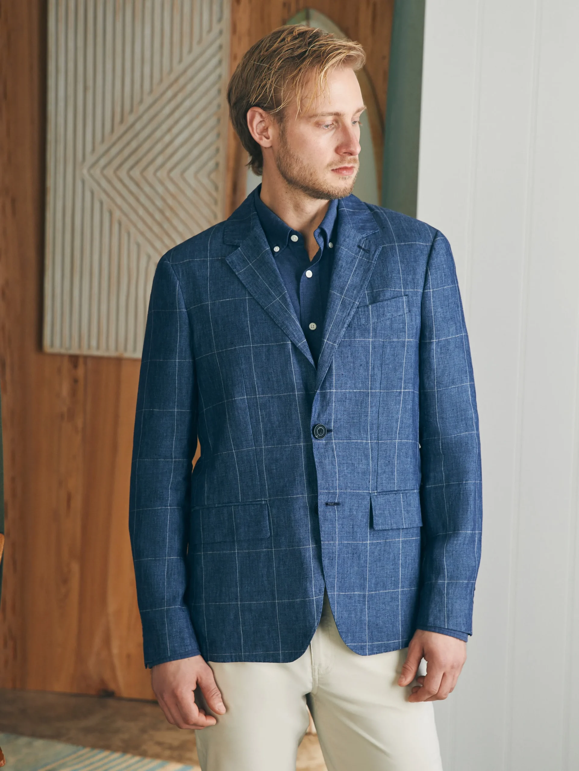 Blazers^Faherty Brand Reserve Linen Windowpane Blazer - Blue Steel Plaid