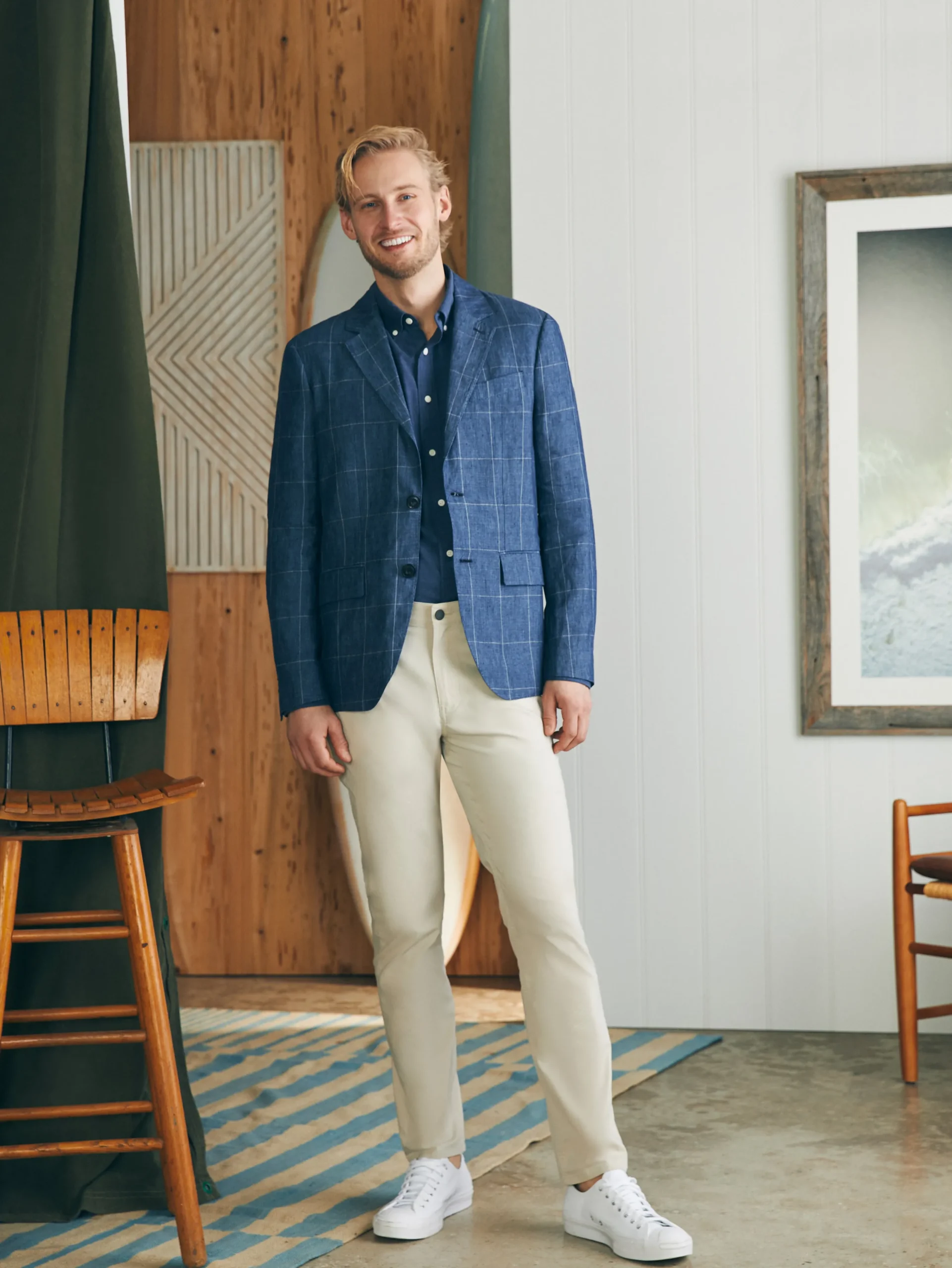 Blazers^Faherty Brand Reserve Linen Windowpane Blazer - Blue Steel Plaid