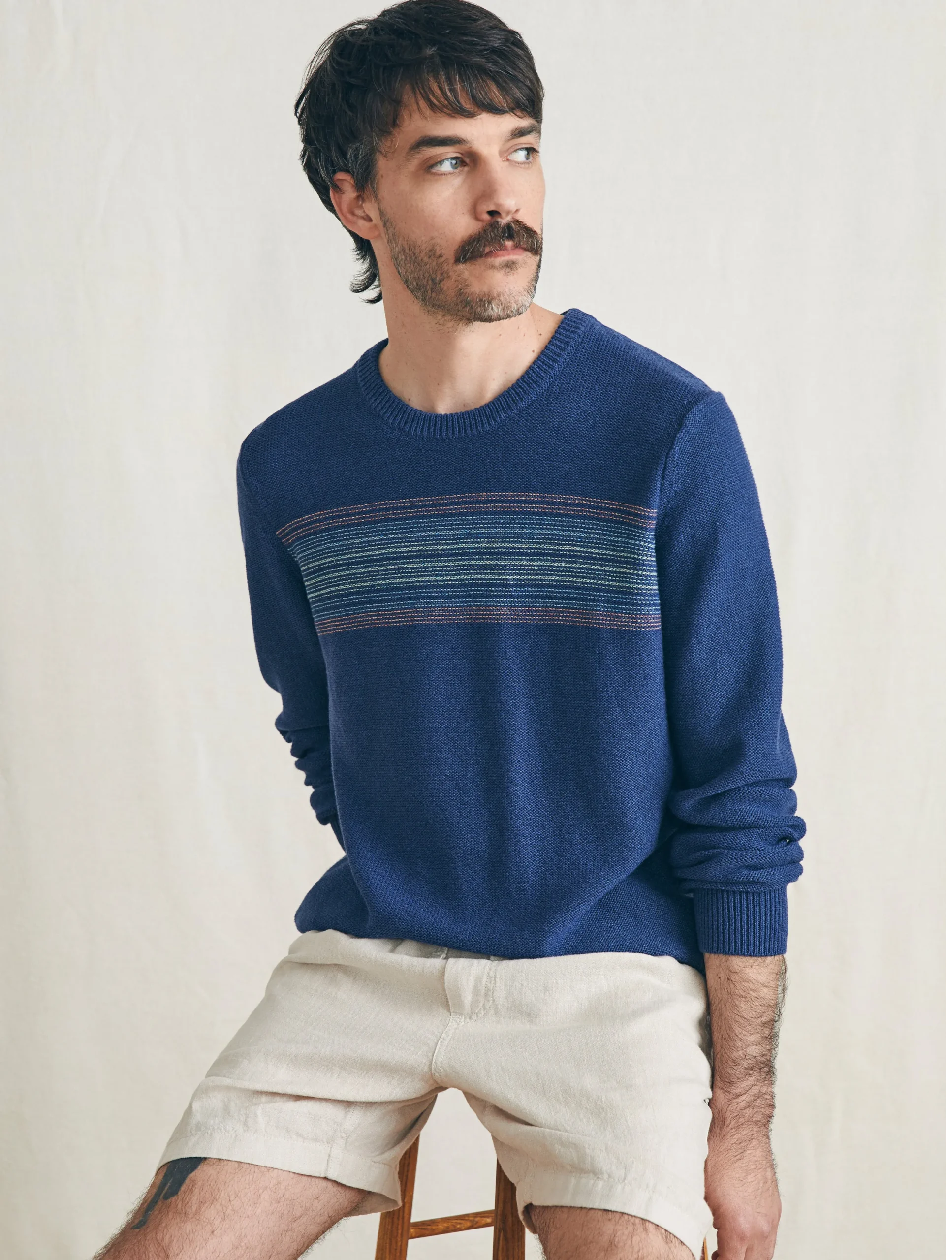 Sweaters^Faherty Brand Surf Stripe Crew Sweater - Navy Sea Sunset